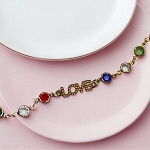 Hand Crafted Gold LOVE Bracelet with Red, Blue, Green & Clear Stones